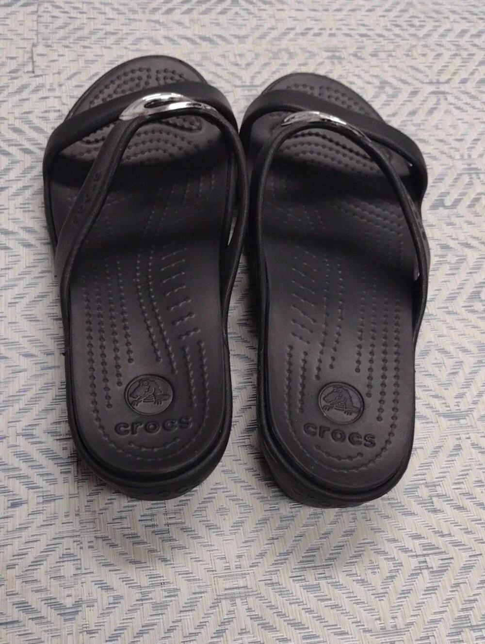 CROCS Black Slide Sandals with Silver Ring Detail